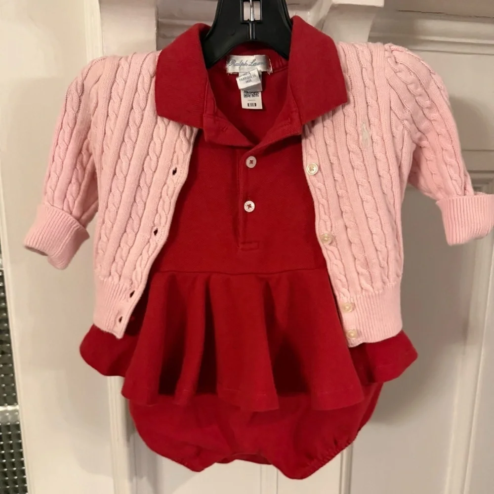 Ralph Lauren Baby Girl 2 PCS Set Pink Cable Knit Cardigan & Polo Onsie Sz 3 Mo